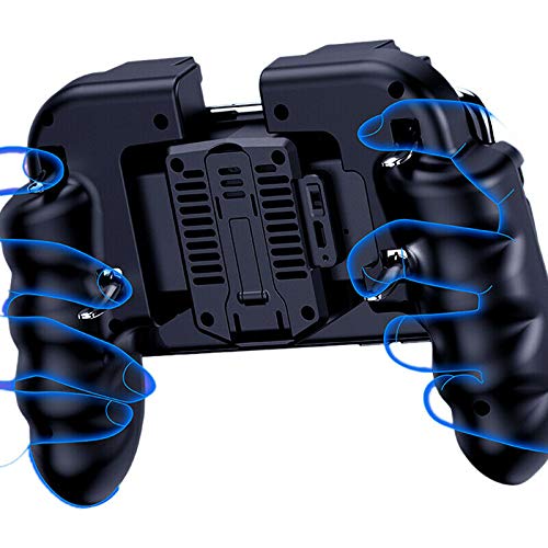 4 Trigger Mobile Game Controller with Cooling Fan Adjustable Stand for PUBG/Call of Duty/Fotnite [6 Finger Mode] GAMR+ L1R1 L2R2 Gaming Grip Gamepad Black