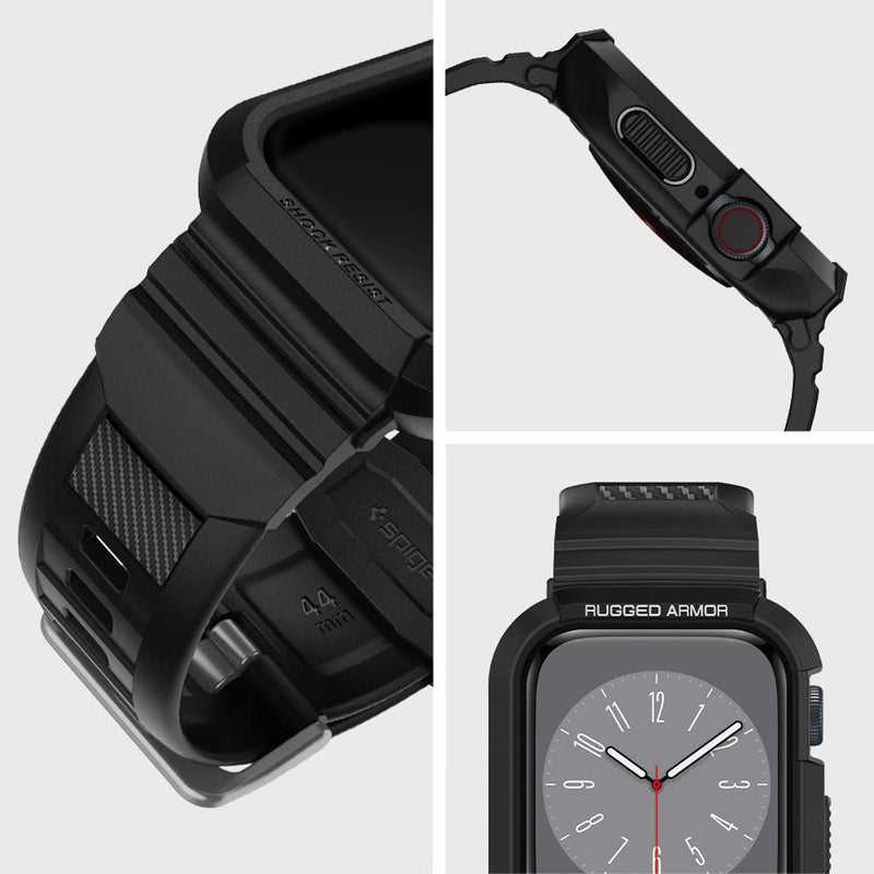 Spigen Rugged Armor Pro Designed for Apple Watch Case with Band Series SE3/9/8/SE2/7/6/SE/5/4 45mm/44mm Protective TPU Cover with Strap - Black (Pack of 2) Apple Watch 44/45mm (Pack of 2)