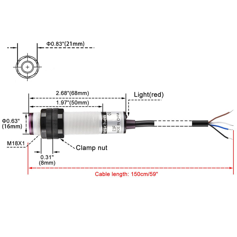Heschen M18 Column Infrared Photoelectric Proximity Switch Diffusion Type E3F-DS10C3 Detection Distance 10cm 10-30V DC 200mA NPN NO+NC 4 Cables