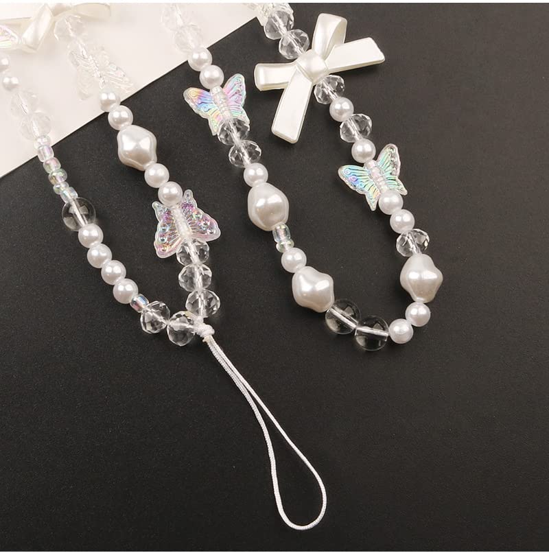 Cute Cell Phone Charms, Creative Bows Pearl Beaded Phone Lanyard Wrist Strap, Beaded Phone Strap Charms Anti-Lost Chain Keyring Charms Camera Wallet Decoration Pendant, Style 1… Style 2
