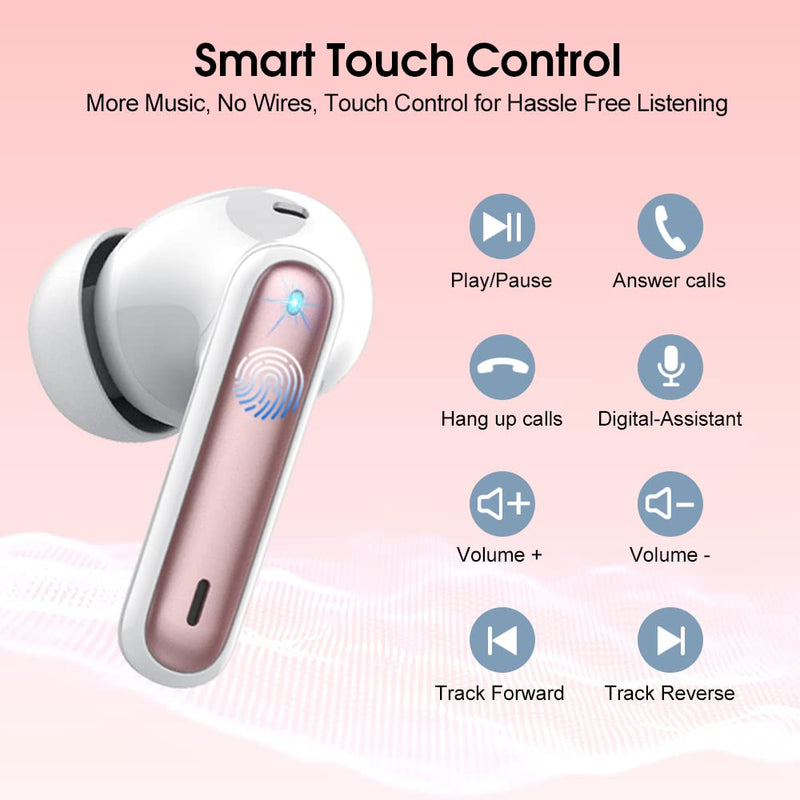 Wireless Earbuds, 2024 Bluetooth Headphones 5.3 HiFi Stereo Earphones, 40H Playtime in-Ear Earbud, Bluetooth Earbud with Dual Mic Call, IP7 Waterproof Earphones Sport Headset for iOS Rose