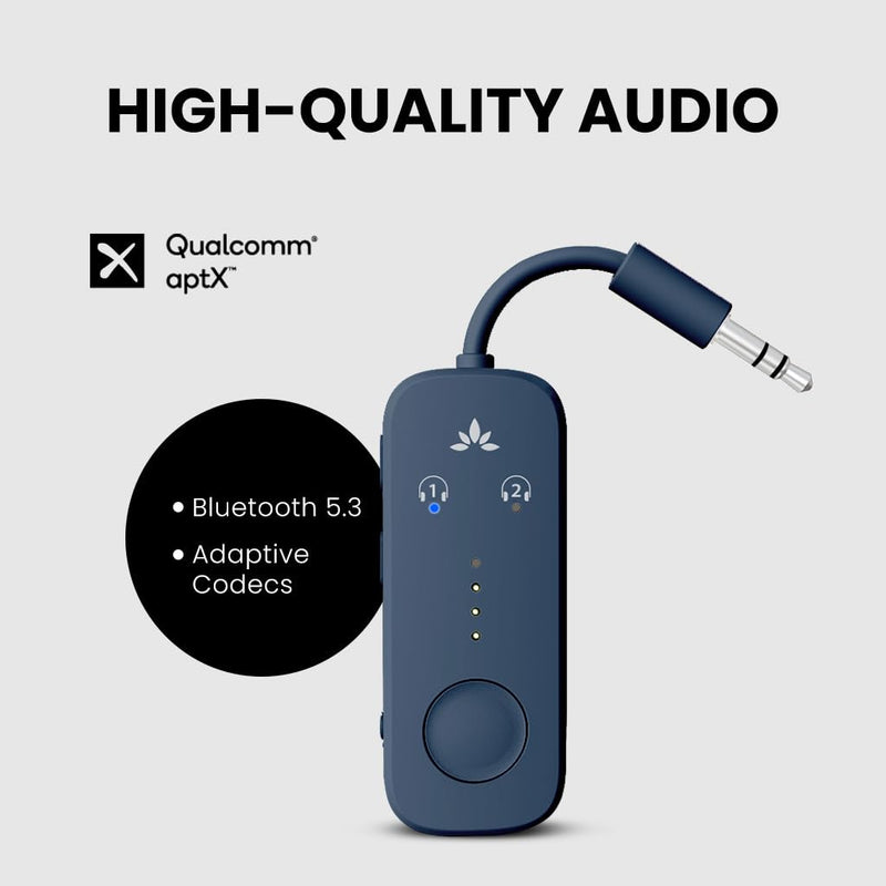 Avantree Relay - Premium Airplane Bluetooth Adapter with Advanced Qualcomm Chipset, 2 Headphones Support, 25hrs Play Time, aptX Adaptive & HD Audio Transmitter for Airpods, Bose & Travel Flight 3-Midnight Blue