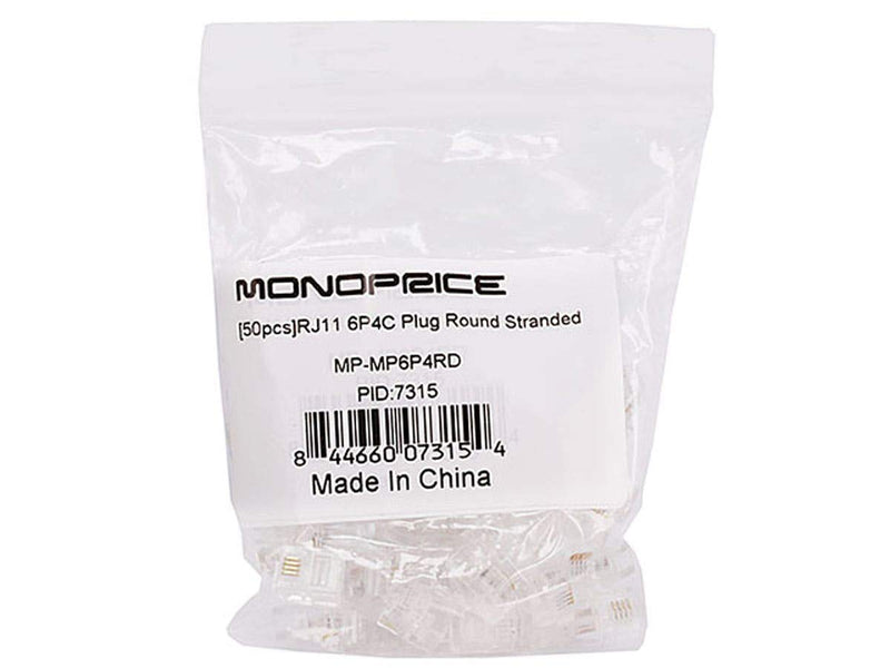 Monoprice 6P4C RJ11 Modular Plugs for Round Solid Cable - Crimp On, 1U, 3 Prongs, 4 Conductor, Clear, 50-Pack