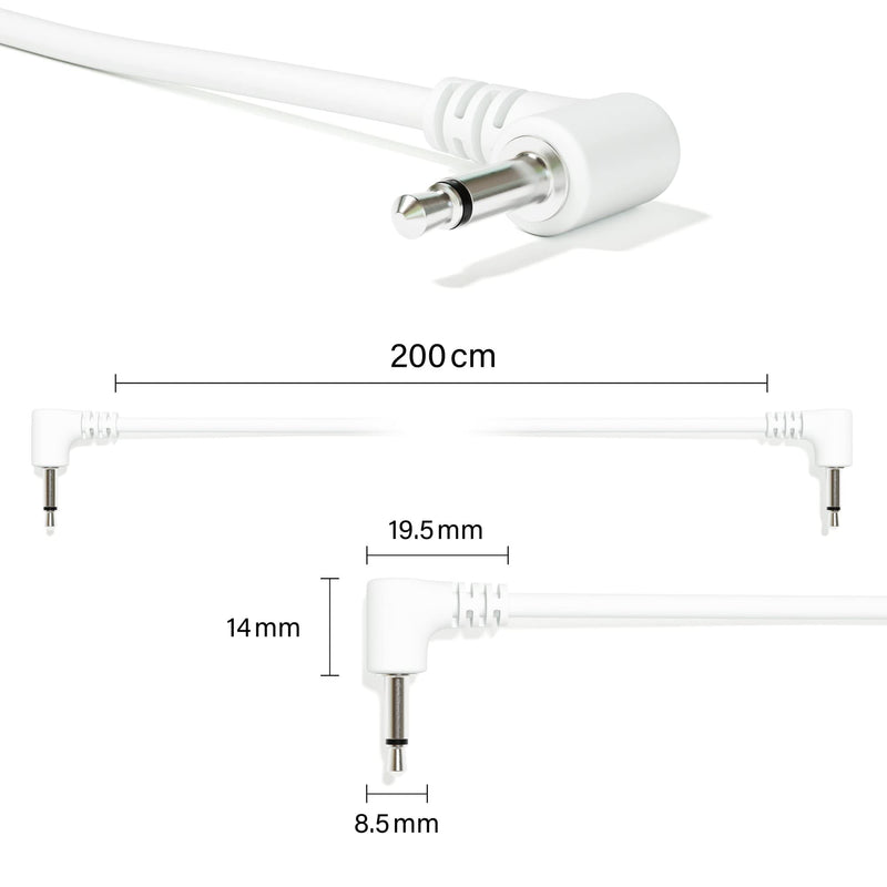 5-Pack - Right Angle Mono Modular Patch Cables - 3.5mm 1/8" Eurorack Synthesizer [White | 150 cm - 59.06"] 150 cm - 59.06" White