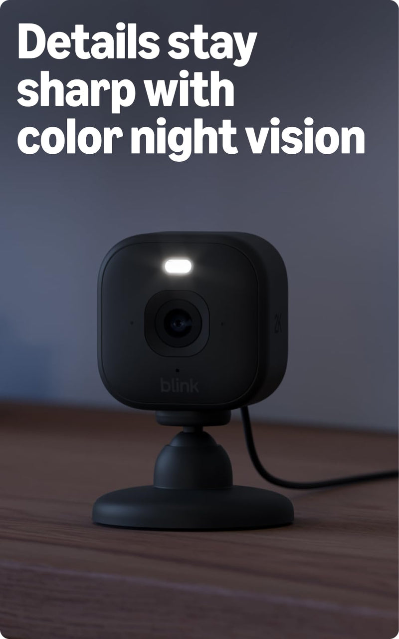 Blink Mini 2K+ (newest model) with 1-Year Basic plan – Plug-in Home & Pet Security Camera with 2K video resolution, color night vision, enhanced audio, motion detection – 1 camera (Black)