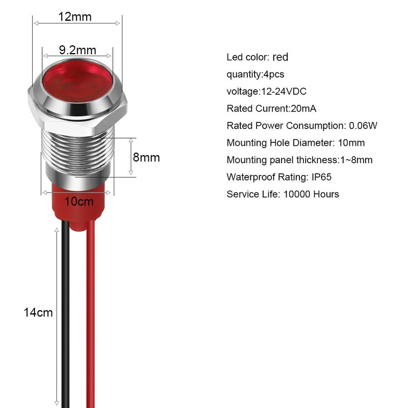 [AUSTRALIA] - GUUZI 10mm LED Indicator Light 12-24V Waterproof Signal Light Metal Plate LED Indicator Signal Light Plate Mount Flat Head with Wires Silver Housing (Red, 4 Pack) Red 