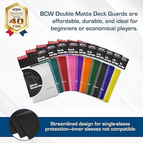 BCW Deck Guard - Double Matte Card Sleeves | 500 Count Box (10 Packs of 50 Sleeves) |Acid-Free, No PVC | Fits 2.5" x 3.5" Game Cards | Archival Safe Sleeves for Card Protection (Black) Black