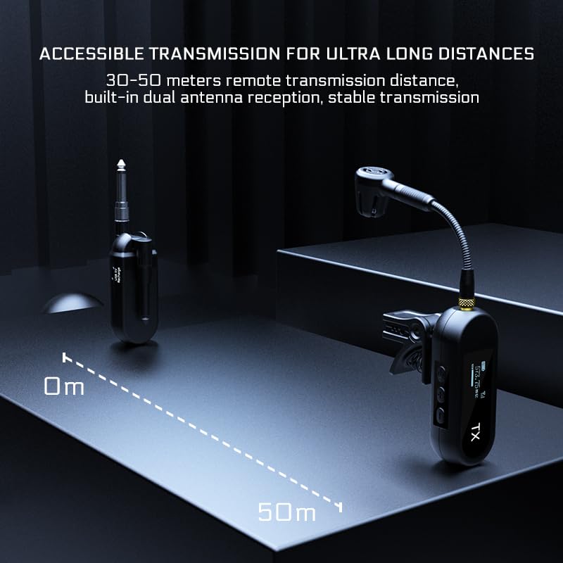 YXG Wireless UHF Saxophone Microphone System, Clip-On Instrument Microphone for Sax and Trumpet, Preset EQ & Echo Level 100 Ft Transmission Rechargeable Compact Transmitter and Receiver 8 Hours M-03