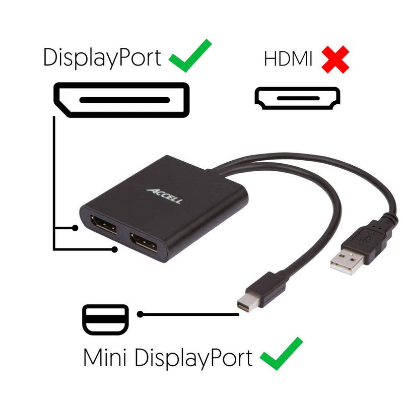 Accell mDP-2DP Multi Monitor Splitter - Mini DisplayPort 1.2 Multi-Stream Transport (MST) Hub - 1x Mini DisplayPort connector, 2x DisplayPort outputs,Black 2 DisplayPort Outputs