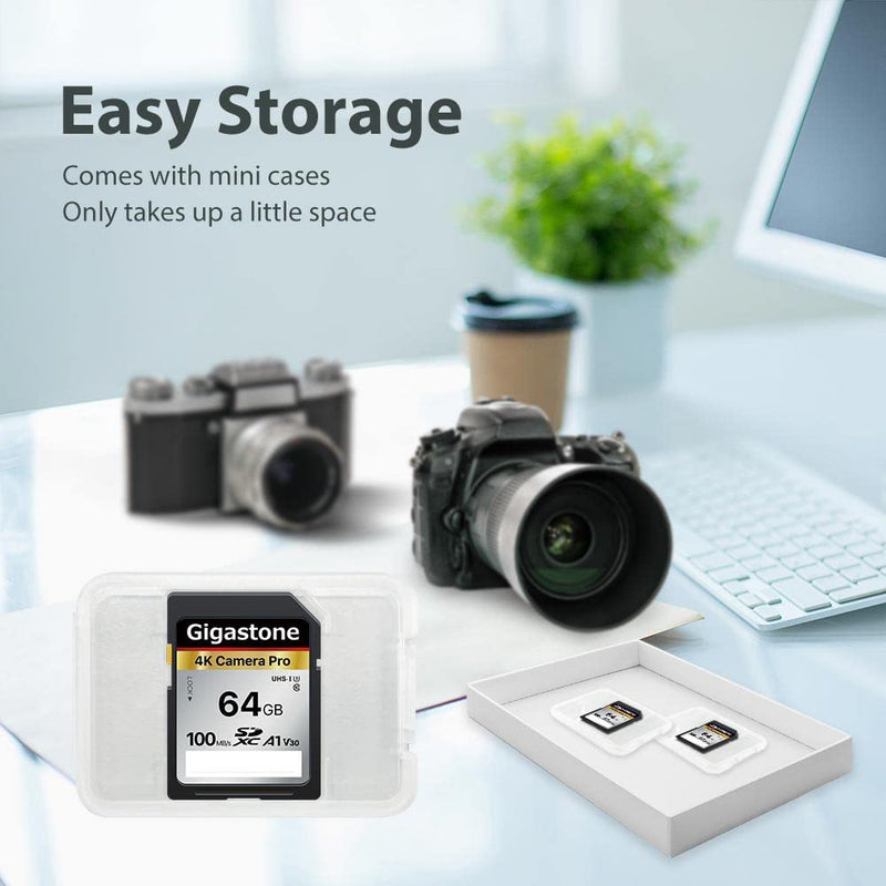 Gigastone 64GB 2-Pack SD Card V30 SDXC Memory Card High Speed 4K Ultra HD UHD Video Compatible with Canon Nikon Sony Pentax Kodak Olympus Panasonic Digital Camera, with 2 Mini Cases SD 64GB V30 2PK