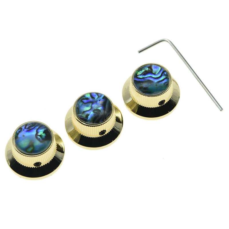 KAISH Set of 3 Set Screw Abalone Top Gold Guitar Bass Knobs Strat Metal Knobs for 6mm Shaft Pots