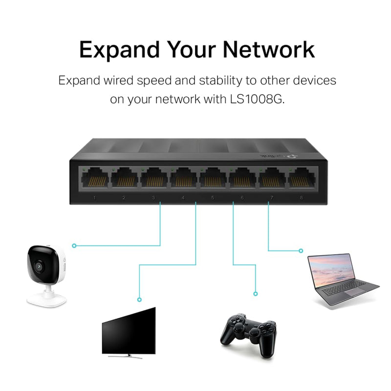 TP-Link LS1008G, Litewave 8 Port Gigabit Unmanaged Switch | Desktop Ethernet Splitter, Plastic Case, Unshielded Network Switch, Plug & Play, Fanless Quiet 8 Port, Litewave