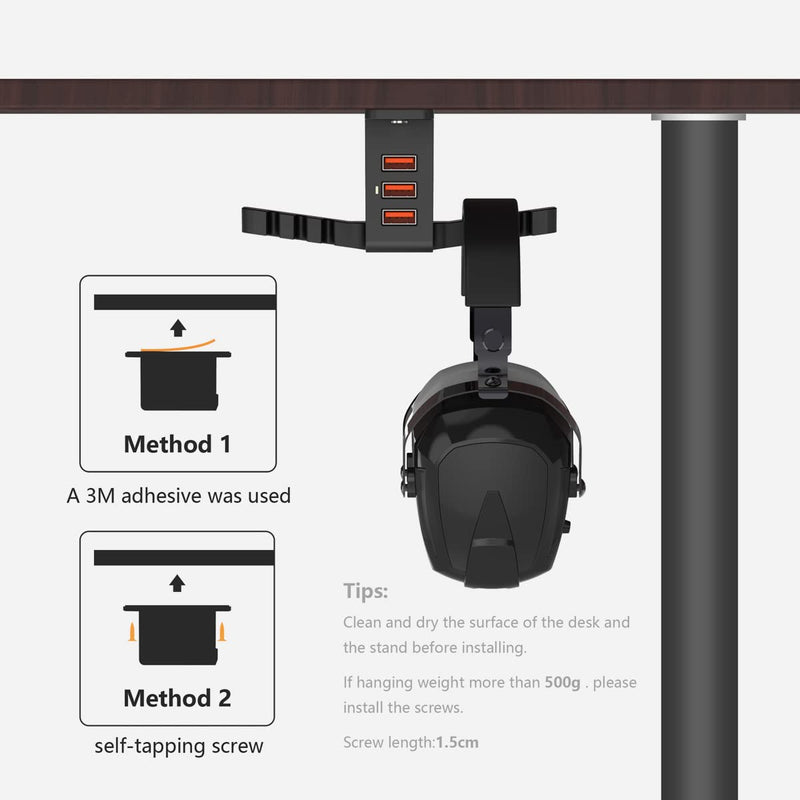 Headphone Stand with USB Charger COZOO Under Desk Headset Holder Mount with 3 Port USB Charging Station and iWatch Stand Smart Watch Charging Dock Dual Earphone Hanger Hook,UL Tested Black