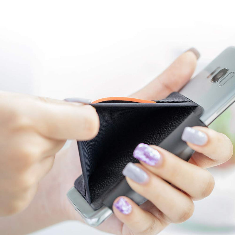 Sinjimoru Phone Grip Card Holder with Phone Stand, Secure Stick on Wallet for iPhone with Kickstand for Table. Sinji Pouch B-Grip Silicone Clementine
