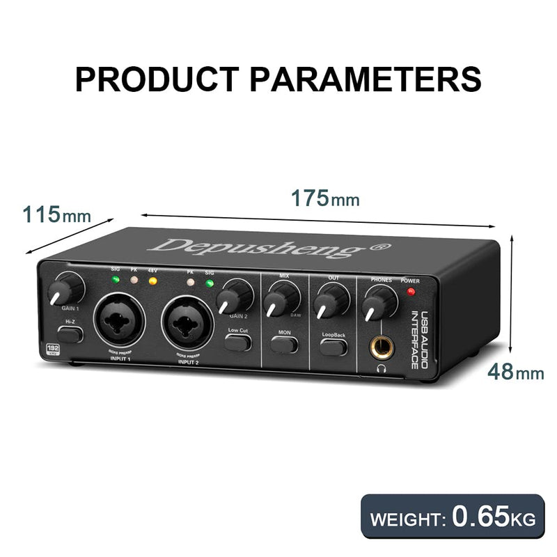Depusheng RX2 usb audio interface computer recording sound card, home studio audio interface, can connect 48V condenser microphone, guitar recording