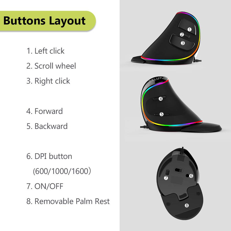 DELUX Wired Ergonomic Vertical Mouse, Large RGB Ergonomic Computer Mouse with 6 Buttons, Removable Wrist Rest, 4000DPI and On-Board Software Reduce Hand Strain,for Carpal Tunnel(M618Plus RGB-Black) Wired with RGB