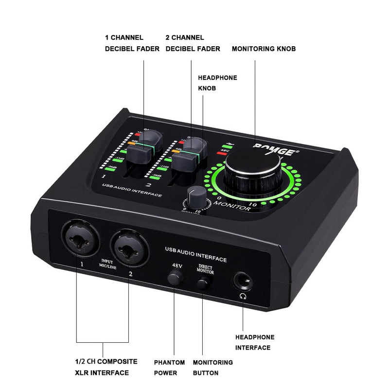 BOMGE mini 2 Channel USB Audio Interface for Recording, Streaming and Podcasting, with XLR/48V Phantom Power,Studio Quality Audio Interface for Guitarist, Vocalist, Podcaster or Producer