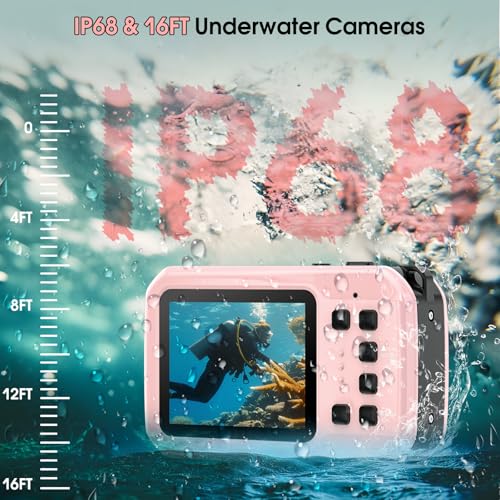 4K 64MP Underwater Camera Autofocus IPS HD Screen 16X Digital Zoom Fill Light, Floatable Waterproof Digital Camera, 16FT, Includes 16GB Card for Surfing Snorkeling Swimming, Pink