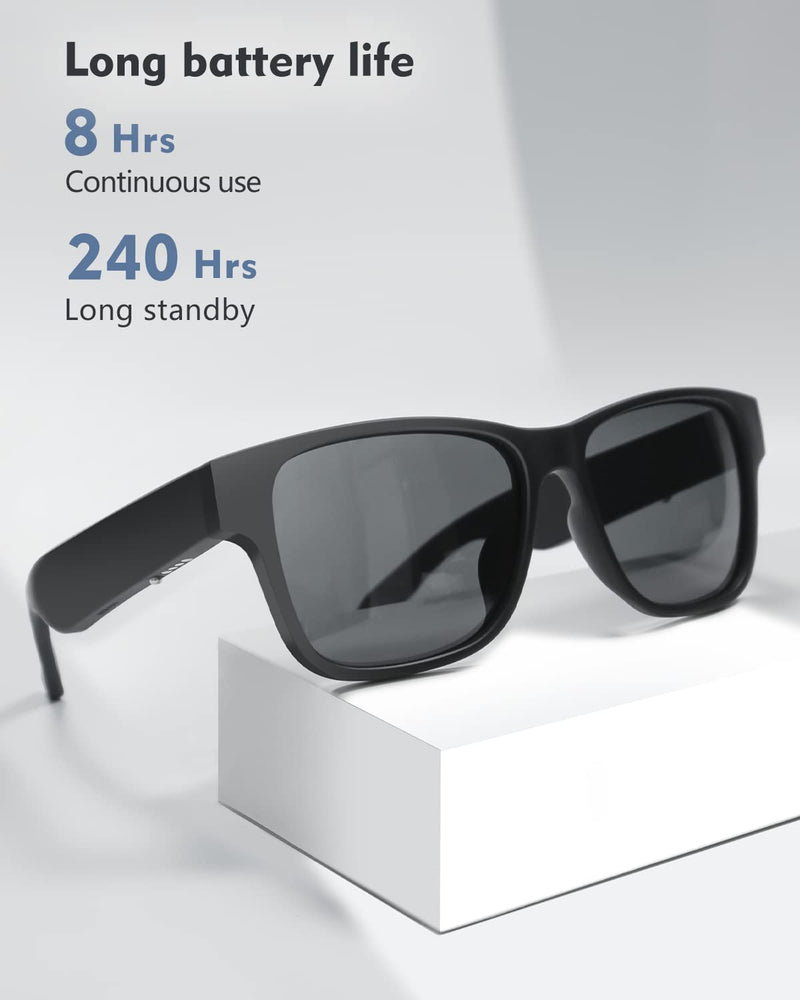 RUIMEN Bluetooth Audio Smart Glasses for Men Women, Smart Sunglasses with Speakers and Mics Open Ear Music Hands-Free Calling, Volume Control, Anti-UV Lens, IP4 Waterproof Classic Black Standard Size