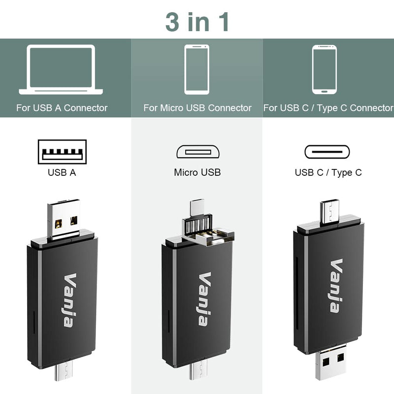 Vanja SD Card to USB Adapter, 3-in-1 USB-C USB-A Micro USB SD Card Reader,Trail Camera Memory Card Reader for PC/Laptop/Phone/Tablet, for SD SDXC SDHC MMC RS-MMC microSDXC microSD microSDHC UHS-I Card Black