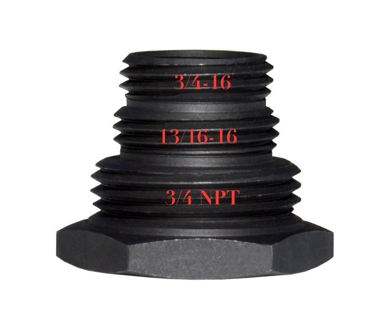 Steel Thread Adapter Convert .578-28 to 3/4 NPT, 13/16-16, 3/4-16