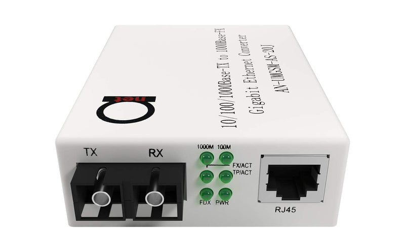 Single Mode SC Gigabit Fiber Media Converter to Ethernet RJ45, 20km/12.43mi | 1310nm dual-fiber, built-in SC module - duplex SC cord over OS2 9/125 - copper Cat5e or Cat6, auto-sensing 10/100/1000, LLF