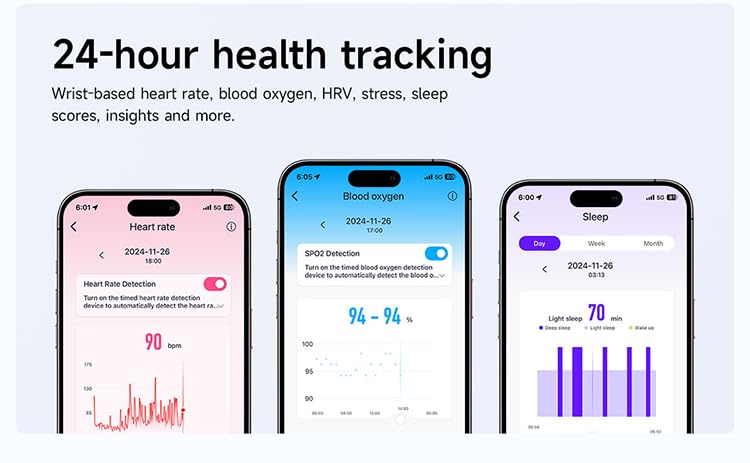 Screenless Health Fitness Tracker for Men Women Activity Watch 24/7 Heart Rate Blood Pressure Sleep HRV Monitor Step Counter Smart Bracelet No Screen Long Battery Life Black