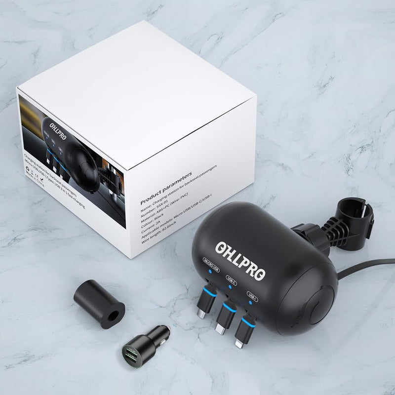OHLPRO Multi Car Retractable Backseat 3 in 1 Car Charging Station Box Compatible with All Phones | iPhone | Samsung | Uber Taxi Lyft Turo Ride Share Customer Charging Dock Attach to Headrest Car Adapter | 3-IN-1 Charging Station