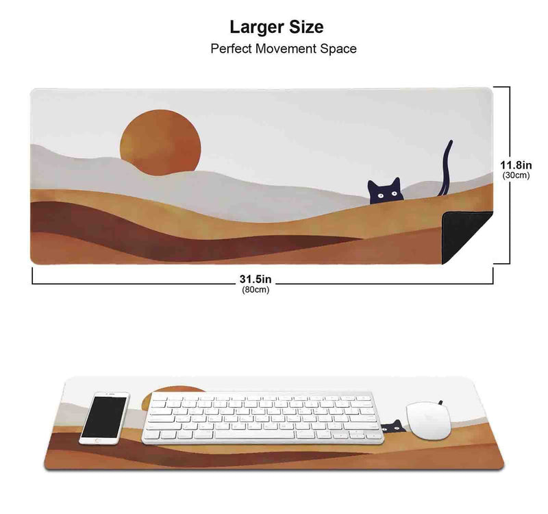 Large Gaming Mouse Pad, Desk Pad, Keyboard Mouse Mat Non-Slip Mousepad Rubber Base and Stitched Edges for Laptop Computer Office Desk Accessories, 31.5 X 11.8 Inch, Sunrise Mountain Black Cat
