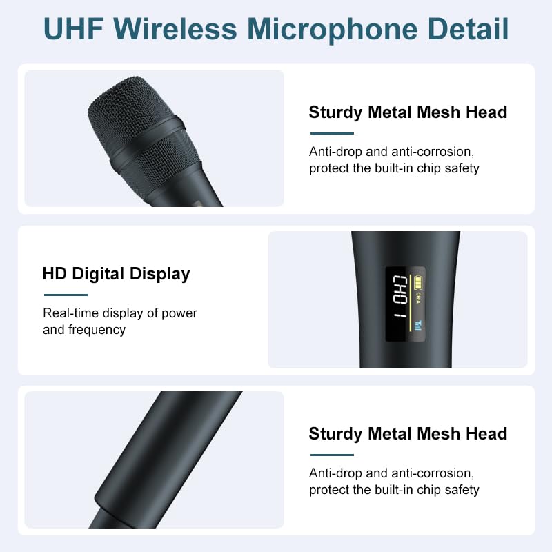 Dual UHF Wireless Microphone System - 2 Handheld Mics, 160ft Range, Noise Cancelling & Rechargeable for DJ/Live Performance, Business Meeting, karaoke singing mic, Recording Anti-Interference