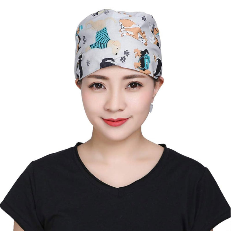 LEEQBCR 1 x Cotton Surgical Hat with Button Chef's Hat Work Hat Printed Nurse Hat Unisex Dust Cap for Men Women (Grey), gray