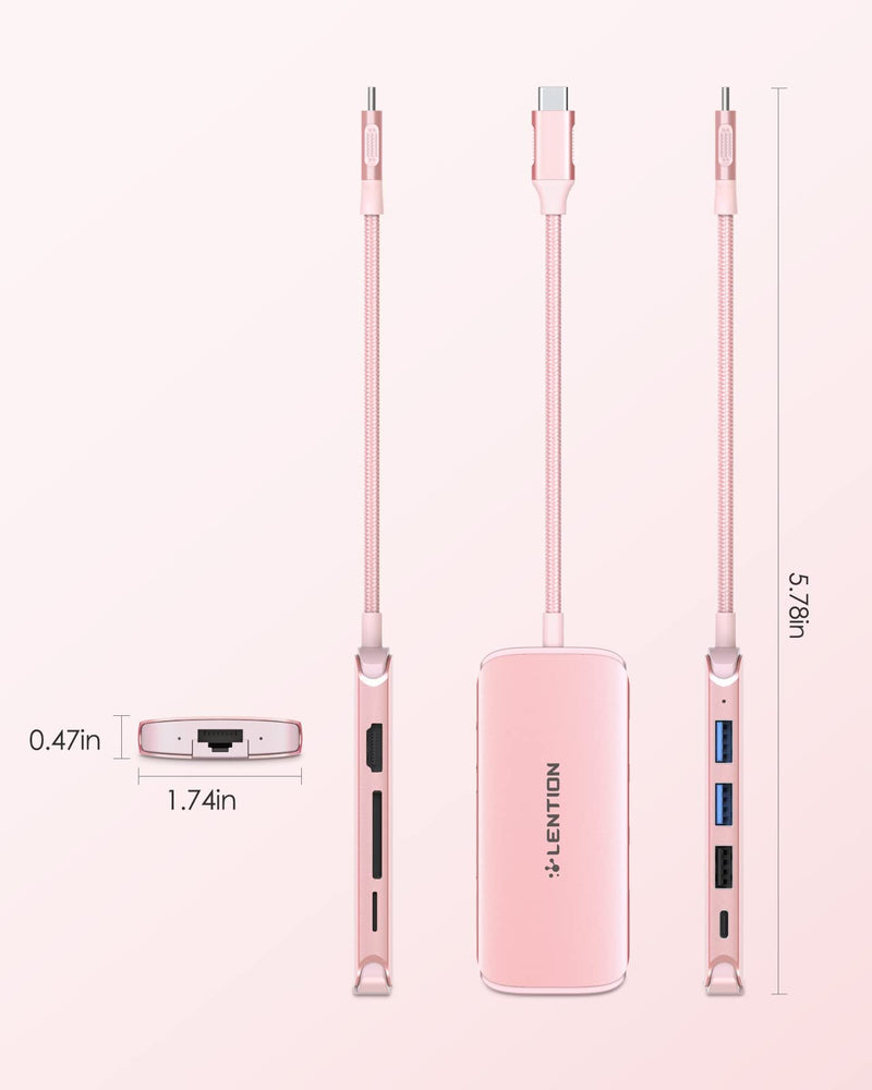 LENTION Ultra-Thin USB C Hub with Ethernet, 4K HDMI, USB 3.0/2.0, Card Readers & PD Adapter for 2022-2016 MacBook Pro 13/15/16/M1, New Mac Air & Surface, Chromebook, More (CB-C48, Rose Gold)