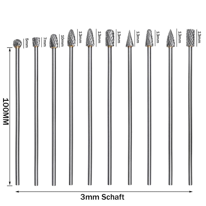 Treki 10 Pieces 100 mm Long Carbide Burrs with 3 mm Shank Tungsten Carbide Milling Cutter Attachment for Cordless Screwdriver, Long Carbide Cutter Metal Cutter Wood Carving Drill Bit Set for