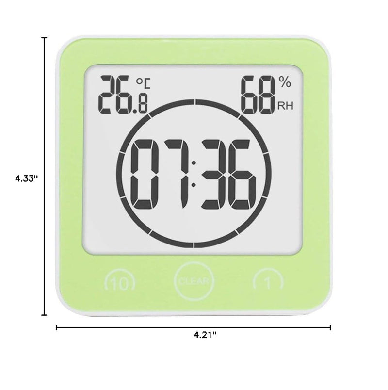 [AUSTRALIA] - Digital Bathroom Shower Wall Clock Timer with Alarm, LCD Display, Waterproof, Temperature, Humidity, 12/24hr Time, 10/1 Minute Timer, Compact, Easy to Install, Green 