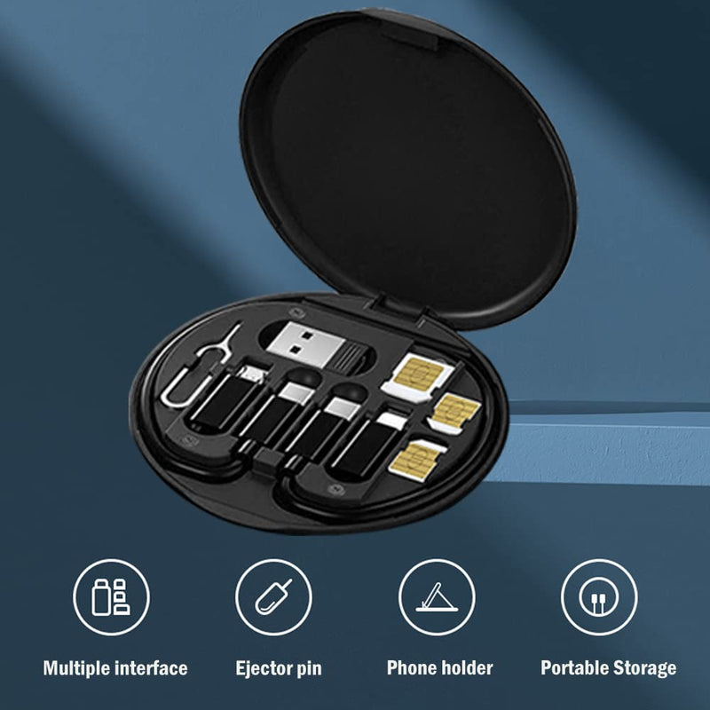 USB Adapter Cable Conversion Storage Box, Multi-Type Charging Line Convertor Lightning Type C Micro Data Transfer Tool Contains Sim Card Slot Tray Eject Pin, Use as Phone Holder (Black) Black