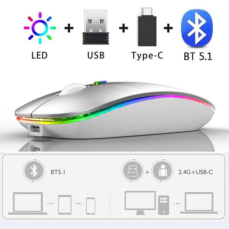 LED Bluetooth Mouse,Bluetooth Mouse for MacBook Pro/MacBook Air/iMac/mac/ipad/ipad pro,Wireless Mouse for Macboook Air/MacBook Pro/PC (Silver) Silver