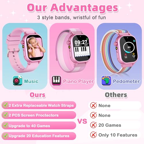 Pink Smart Watch for Kids with 3 Watch Bands and Blue Kids Watch with Selfie-Cam,Puzzle Games, Habit Tracking, Torch, MP3 Player, Voice Recorder, Pedometer