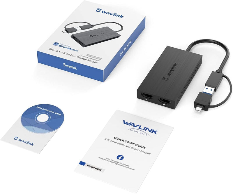 WAVLINK HDMI Splitter Extended Display for Dual Monitor, USB A or USB-C to Dual HDMI Adapter, Multi-Monitor Display 3 Separate Screens for Windows and macOS,4K30Hz,1080p@60Hz 1080P60Hz
