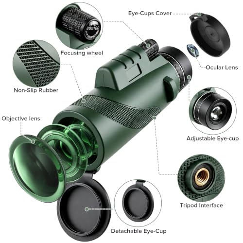 80X100 Monocular Telescope for Adults, with Tripod & Phone Holder green