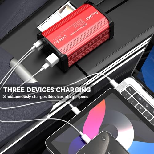 ALLWEI 300W Power Inverter DC 12V to 110V AC, Compact Car Plug Adapter Outlet with 27W PD USB-C &18W USB-A Fast Charging, Cigarette Lighter Adapter Car Charger for Phone - Red and Black