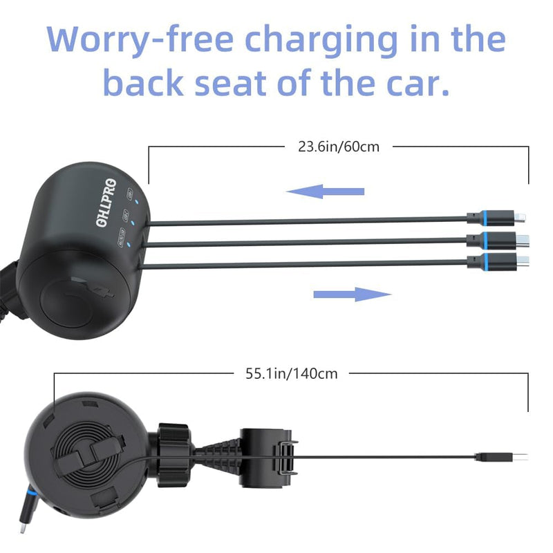 OHLPRO Multi Car Retractable Backseat 3 in 1 Car Charging Station Box Compatible with All Phones | iPhone | Samsung | Uber Taxi Lyft Turo Ride Share Customer Charging Dock Attach to Headrest Car Adapter | 3-IN-1 Charging Station