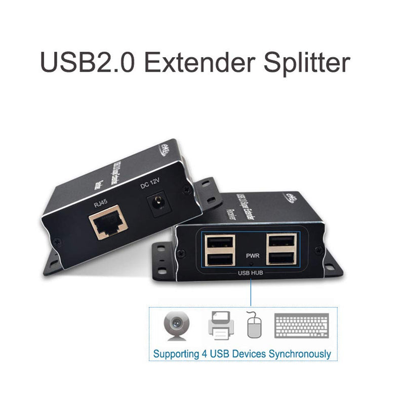 eKL USB 2.0 Extender 196ft/60m Over Cat5e Cat6 Cable 1 Input 4 Ports Output Plug and Play No Driver Needed Support All Operating Systems Two Web Cameras Work Synchronously USB2.0 Extender 196ft/60m