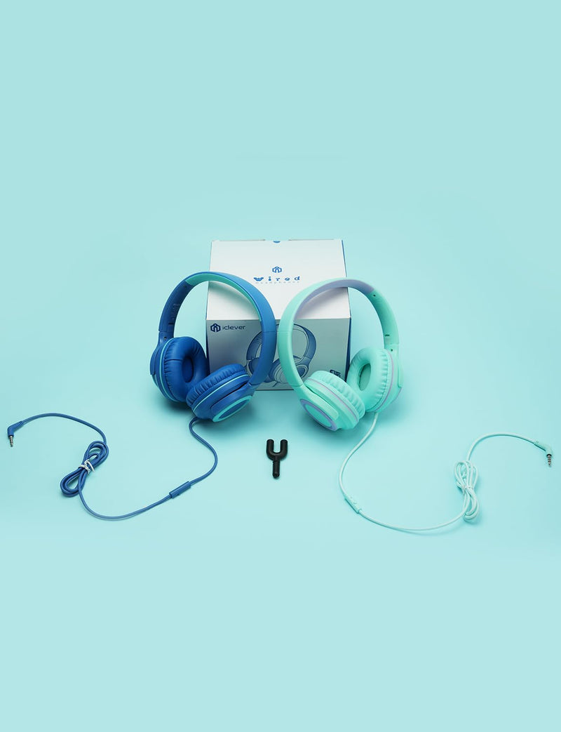 [AUSTRALIA] - iClever 2Pack Kids Headphones with Sharing Splitter - 85dBA Safe Volume Limited - HS22 Wired Headphones for Kids Teens, Tangle-Free 3.5mm Jack Foldable Stereo Headphones for School/Tablet/Travel Green & Blue 