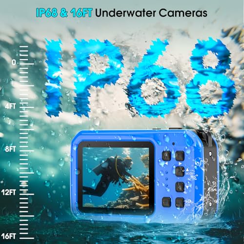 4K Underwater Camera, 64MP 16FT Waterproof Camera, 16GB Card, Blue