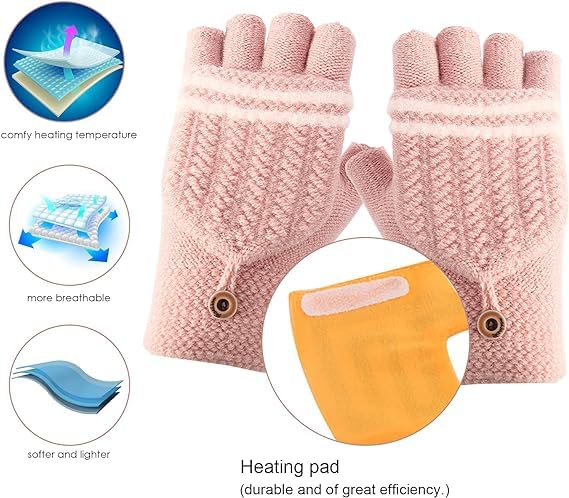 Mens Womens USB Heated Gloves Mitten USB Hands Warmer Laptop Gloves Full& Half Fingerless Winter Warm Heating Gloves Women Pink - 3
