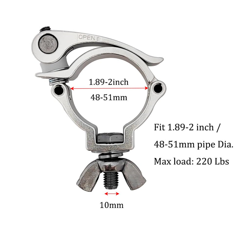 2inch Quick Release Stage Light Clamp Aluminum Alloy 220lbs For Pipe OD 1.89-2inch / 48-51mm Truss Pipe Clamp 2Pack Silver