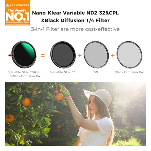 K&F CONCEPT 40.5mm Black Diffusion 1/4 & Variable ND2-32 & Polarizing-in 1
