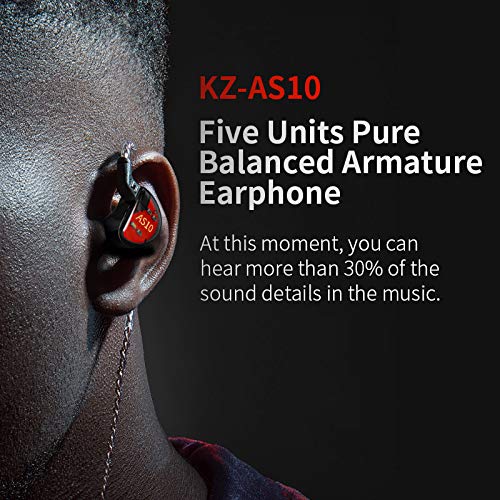 KZ AS10 IEM Headphone, 5 Balanced Armature Driver KZ Earbuds Wired Earphone, Stereo HiFi in Ear Monitor Headphone Musician Headset Earphone with Detachable 2 Pin Cable(No Microphone, Black) NO Microphone Classic