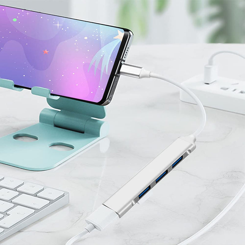 JacobsParts USB-C Type C to USB 3.0 4 Port Hub Splitter for MacBook Pro/Air, iPad, PC, Chromebook, Phone (Silver) Silver