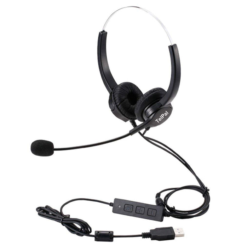 TelPal Corded Hands-Free Call Center Noise Cancelling Binaural USB Headset Headphones with Mic/Microphone - Cord with USB Plug, Volume Control- for Computer/PC/Laptop Use Only UH500D